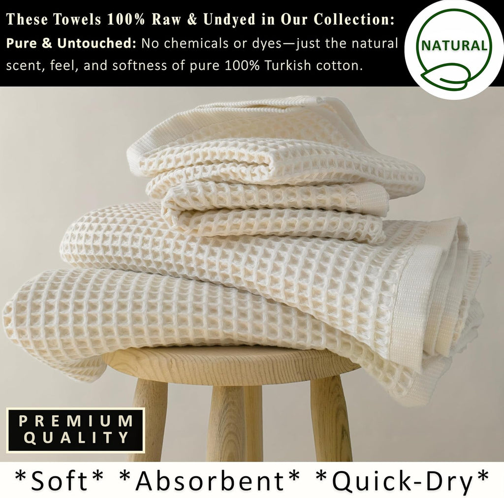 Natural 100% Turkish Cotton Waffle Towels Set (4-Piece) | Raw-Undyed, Large Size 2 Hand & 2 Bath Towel Quick-Dry Soft