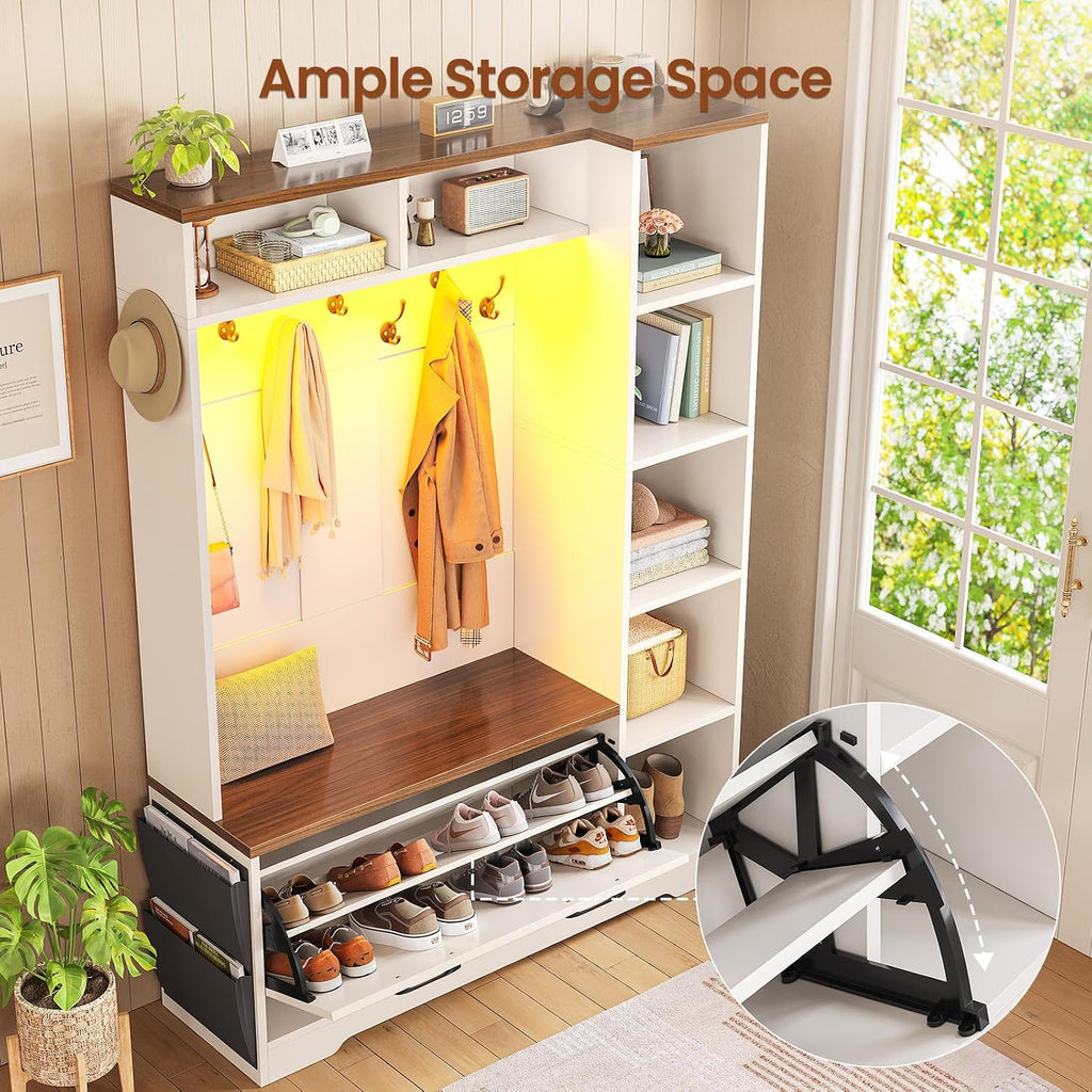 Hall Tree with Bench and Shoe Storage, Farmhouse Entryway Bench with Coat Rack, Shoe Cabinet with Flip Drawers, 7