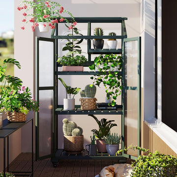 Wooden Greenhouse, Cold Frame Portable Greenhouse with Wheels and Adjustable Shelves for Indoor Outdoor Patio Balcony