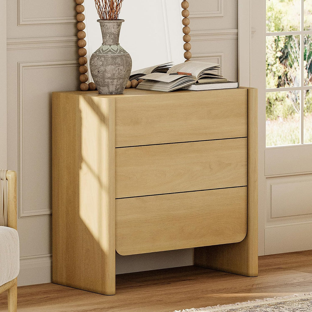 Night Stand with 3 Drawers, Wood Nightstand, Modern Bedside Table with Storage, Side Table & End Table , Rounded Wood