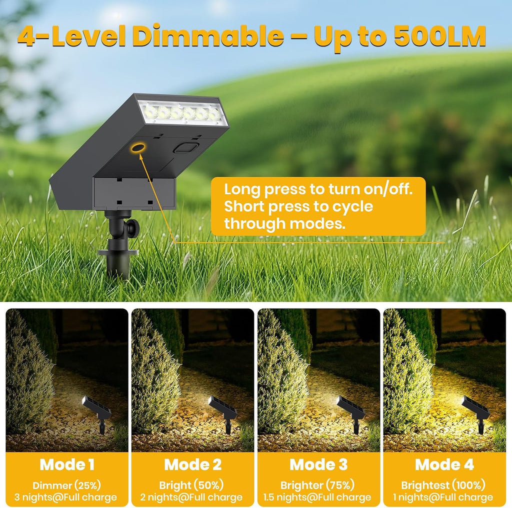 Solar Spot Light Outdoor,3000K Solar Yard Light, Metal Ground Spike | 4 Working Modes, 500LM Solar Lawn Light, IP65