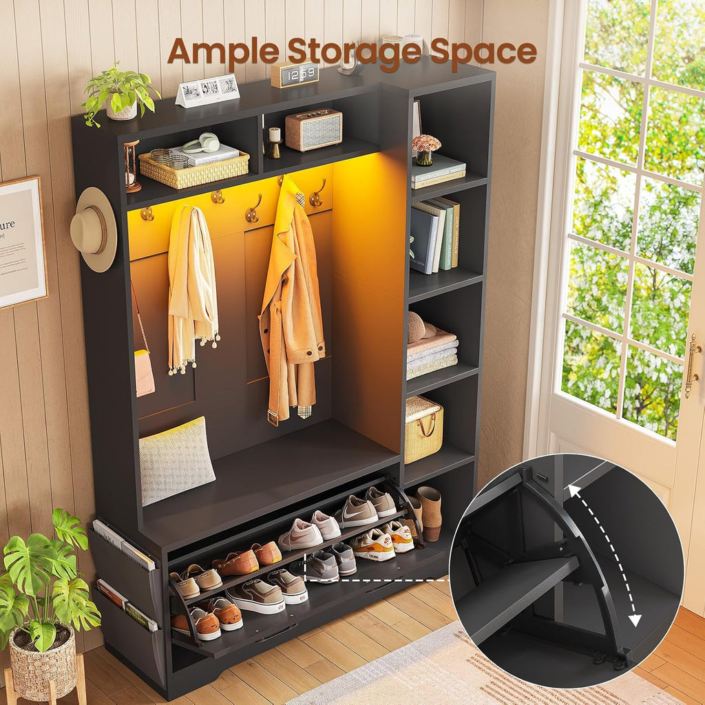 Hall Tree with Bench and Shoe Storage, Farmhouse Entryway Bench with Coat Rack, Shoe Cabinet with Flip Drawers, 7