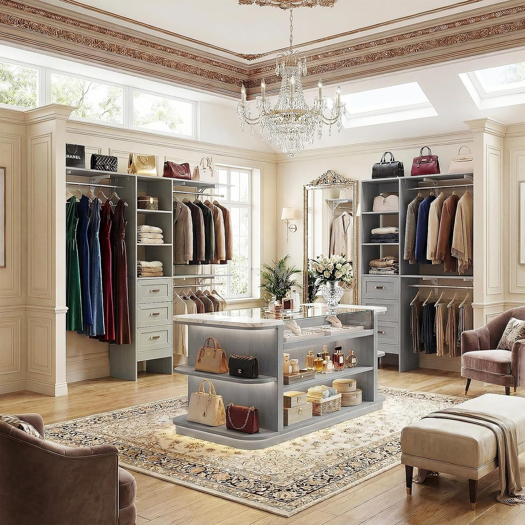 8FT Closet System with 3 Curved Drawers, 96'' Wooden Walk-in Closet Organizer with 3 Top Shelves, Adjustable