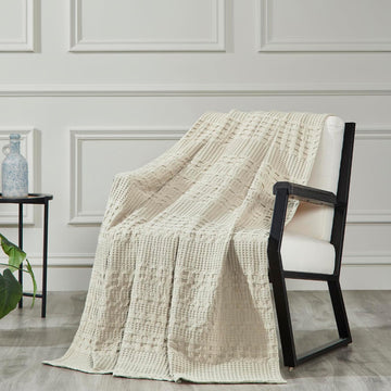 100% Cotton Waffle Weave Natural Throw 50x60, Decorative Cotton Throw Blanket, Boho Farmhouse Bedroom, Living Room