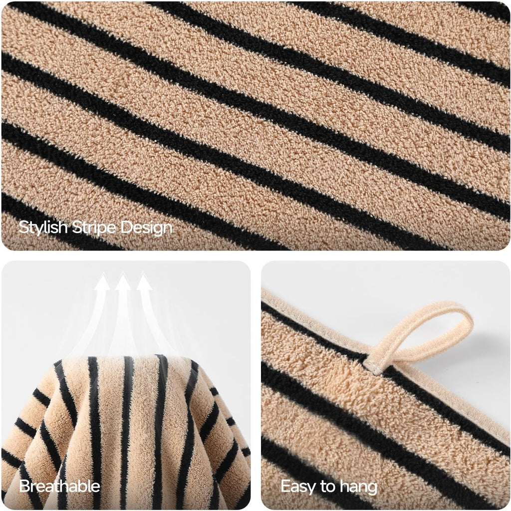 Striped Microfiber Bathroom Towel Set, Lightweight-Khaki | Highly Absorbent 6-Piece Microfiber Towel Set, 2 Bath