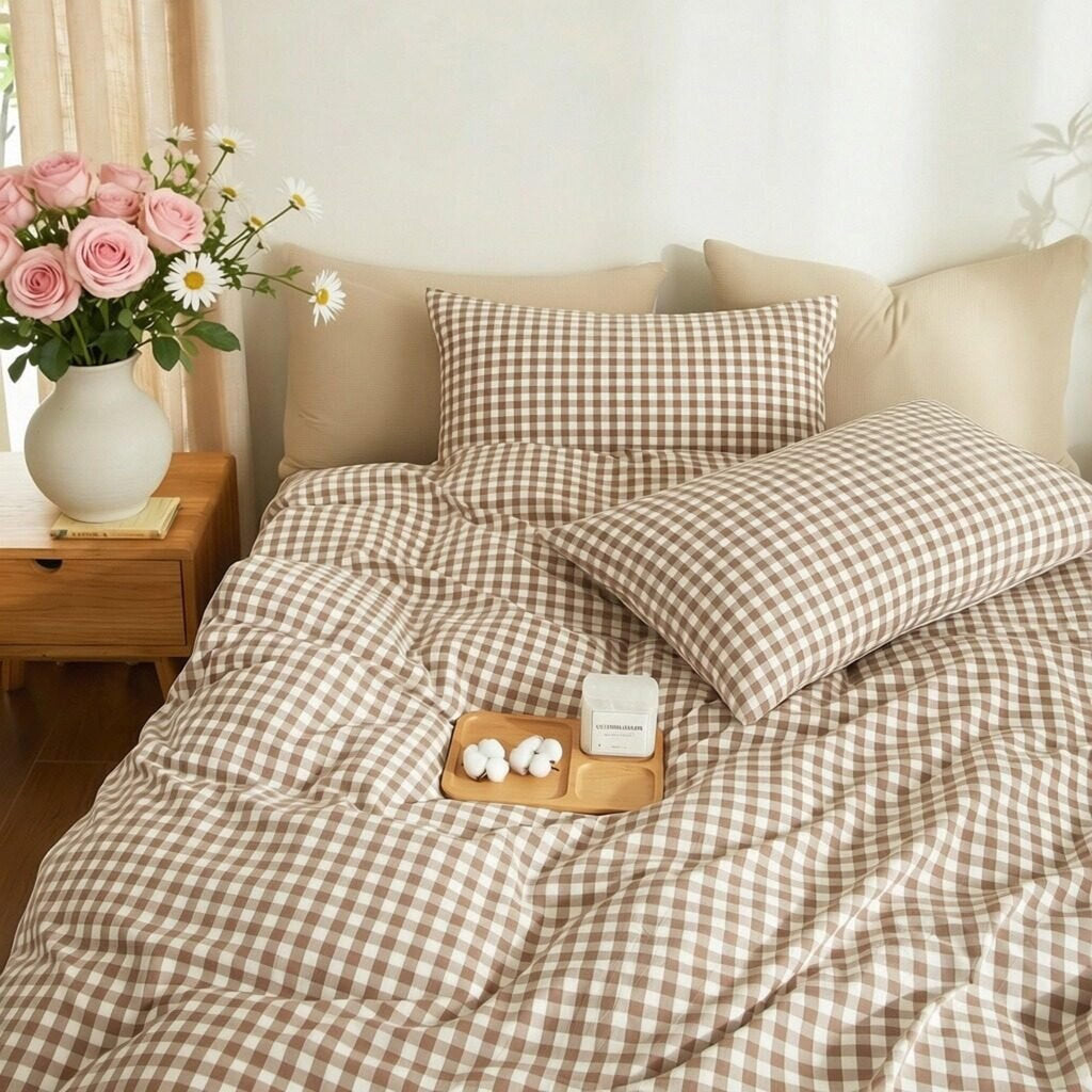 Brown Tan Gingham Duvet Cover Set 100% Washed Cotton Linen Feel Full