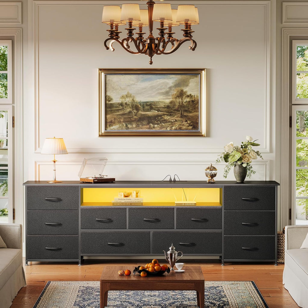 70 Inch TV Stand for 75, 80 Inch TV, 11 Drawer Long Dresser with Power Outlets and LED Lights, Entertainment Center