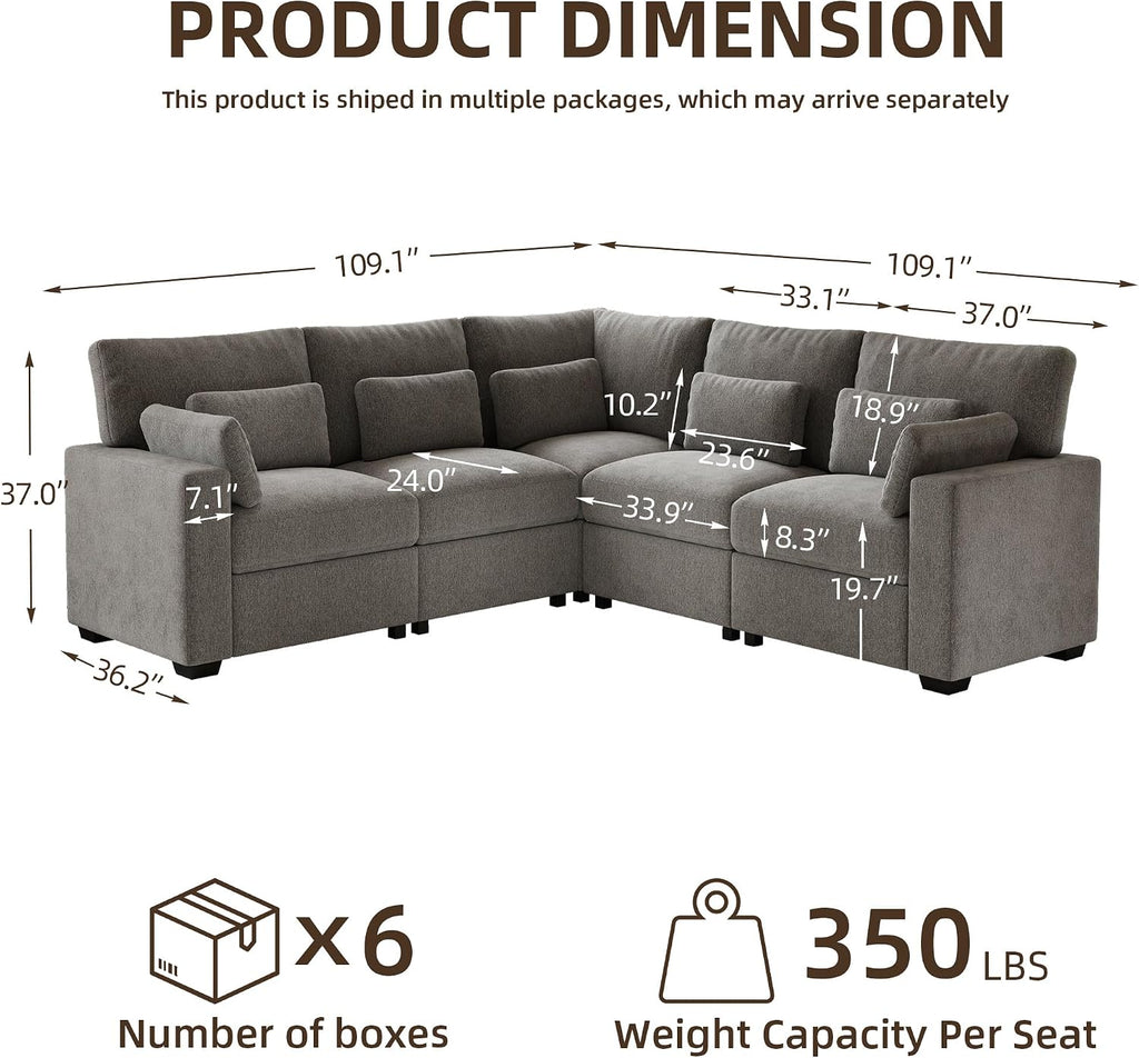 109.1'' Modular Sectional Sofa, L Shaped Oversized Extra Deep Couches , 5-Seat Chenille Couch with Wooden Legs, 2 Arm