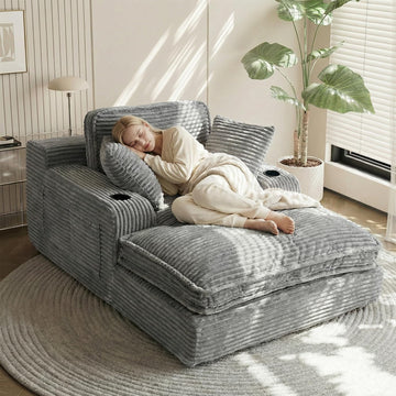 67" Oversized Chaise Lounge Chair Indoor, Soft Boneless Cloud Couch, Gray | Comfy Corduroy Sleeper Couch with 3