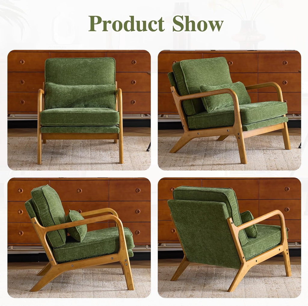 Mid Century Modern Accent Chair with Lumbar Pillow & Oak Arms - Plush Chenille Living Room Chair , Lounge (Olive