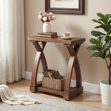 Solid Wood End Table, 2-Tier Small Side Table with Storage Shelf