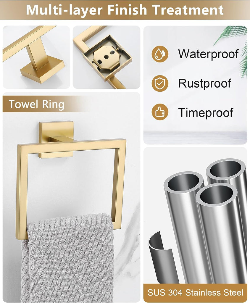 Brushed Gold Bathroom Accessories, Toilet Paper Holder, Towel Ring & Hooks | Bathroom Hardware Set, Toilet Paper