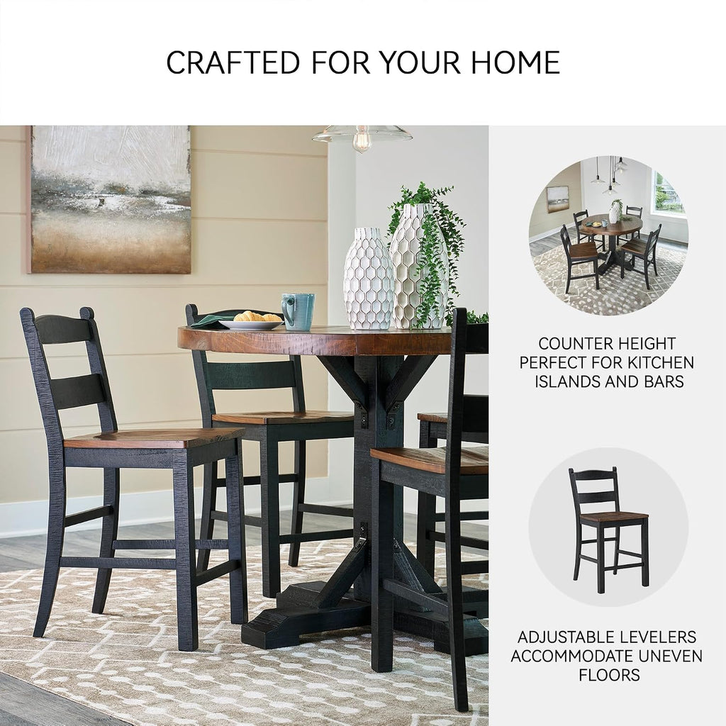 Valebeck Casual Rustic Counter Height Bar Stool with Contoured Seat and Footrest, Set of 2, Wood, 24" High, Black