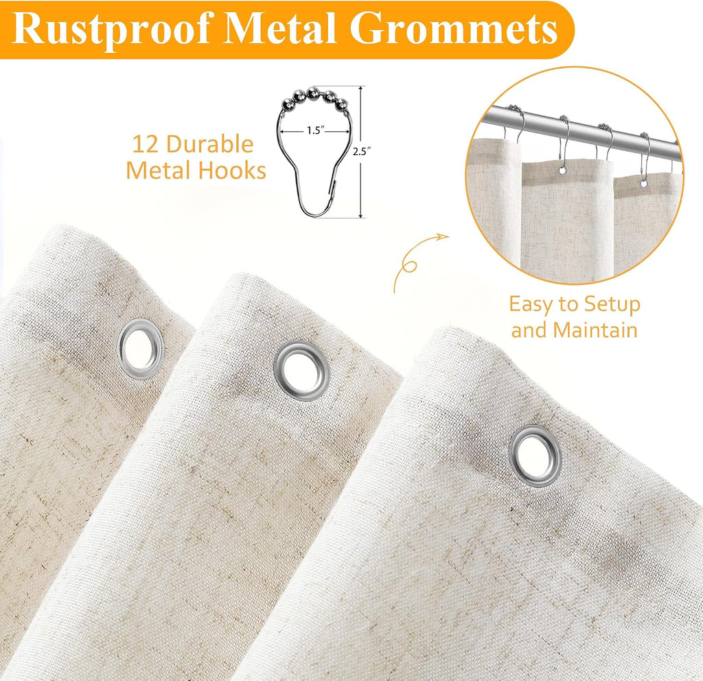 Extra Long Linen Shower Curtain 84 Inch Long Weighted Thick Fabric Bath Shower Curtain Set with Hooks, XLong Tall