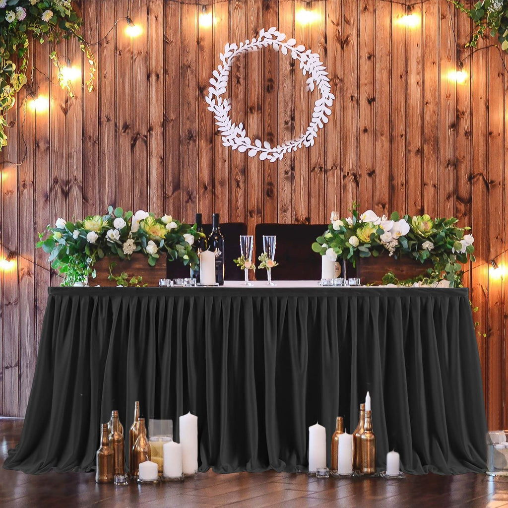 Black Polyester Table Skirt for Rectangle Tables 8ft, Wrinkle Resistant Pleated Ruffle Table Cloth for Banquet