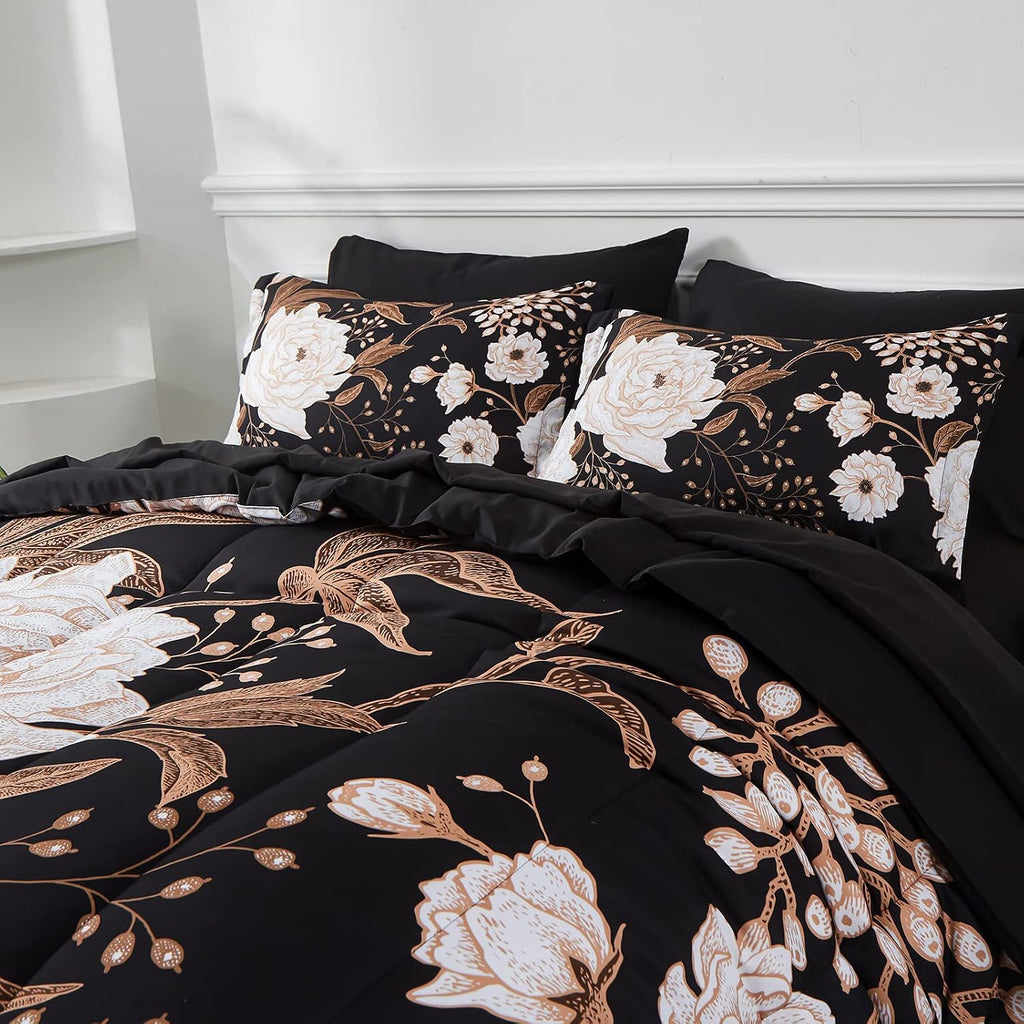 7 Piece Bed in a Bag Queen Comforter Set Botanical Floral Bedding Set,White Flowers Leaves Printed on Black - Set of 7