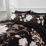 7 Piece Bed in a Bag Queen Comforter Set Botanical Floral Bedding Set,White Flowers Leaves Printed on Black