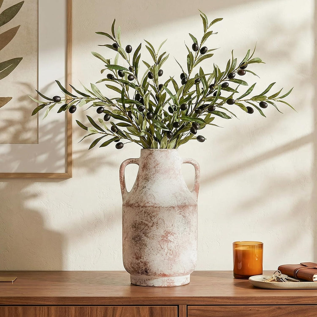 Ceramic Flower Vase with Handles, 11 Inch Tall Rustic Vase, Large Terracotta Pottery Vase