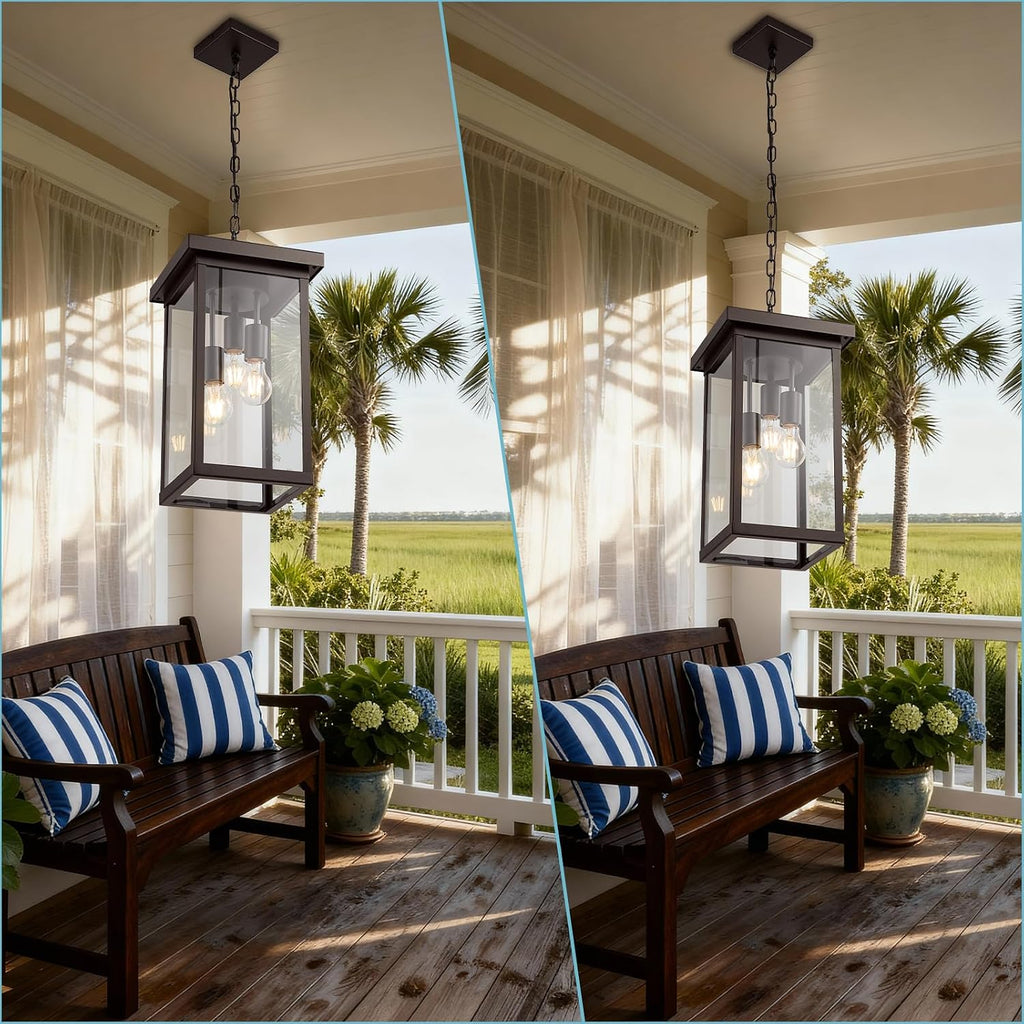 16'' Large Outdoor Pendant Light 3-Lights Oil Rubbed Bronze Outdoor Chandelier Exterior Hanging Porch Light Fixtures