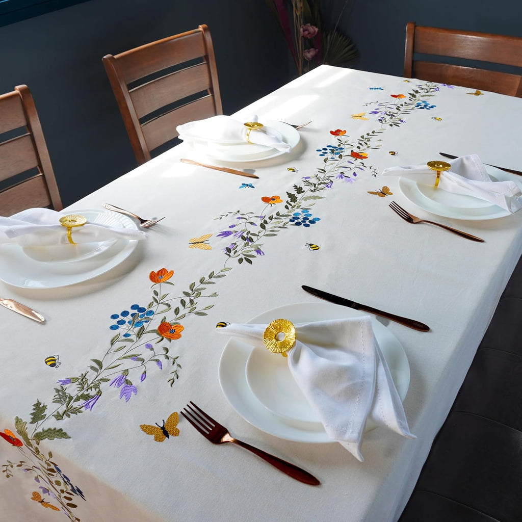 Embroidered Cotton Tablecloth 60 x 90 Inch Rectangle - Washable & Colorfast Table Cover, Farmhouse, 
