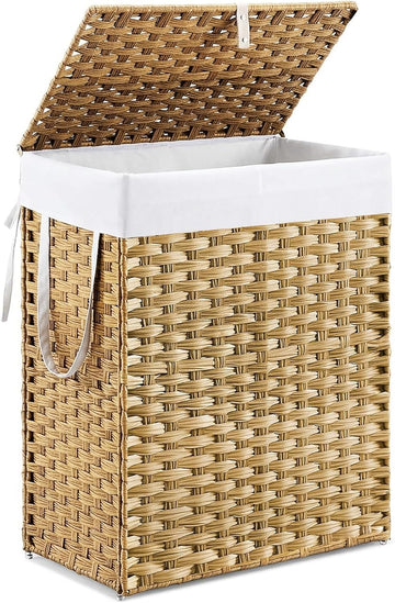 Woven Laundry Basket with Lid, 90L Large Capacity Hamper, Removable & Machine-Washable Liner, Foldable Rattan Clothes