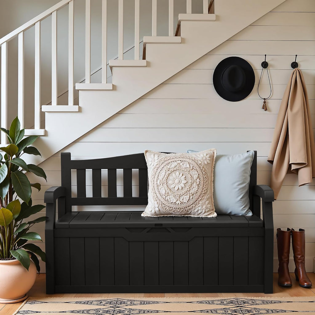 80 Gallon Outdoor Storage Bench, Deck Box, Dark Black | Weather-Resistant Patio Furniture Bench for Backyard, Garden