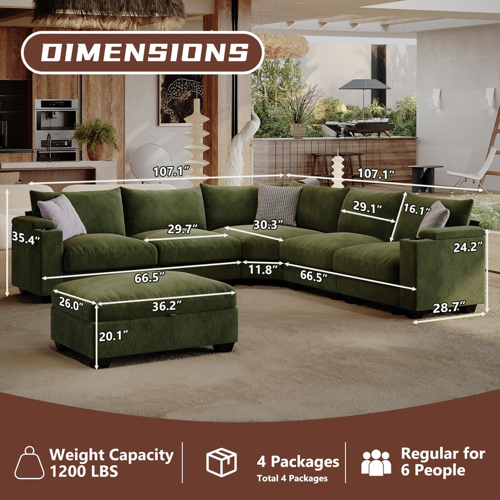 107" L Shaped Sectional Couches with Cup Holder