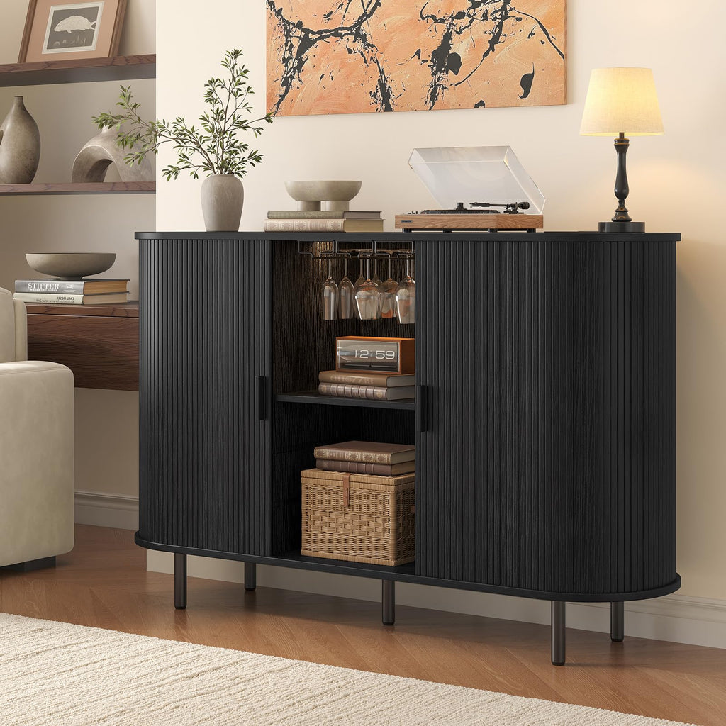55 Inch Fluted Wine Bar Cabinet with LED Light, Black