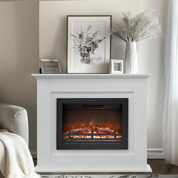 41" Electric Fireplace with Mantel, Wooden Surround Firebox, Freestanding, Adjustable Flame Brightness, Ivory White