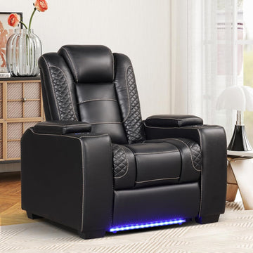 Power Recliner Home Theater Seating, Electric Recliner Chair with Adjustable Headrest,PU Leather Dual Motor Movie Reclining Chairs with Cup Holders LED Lights,USB Port,Hidden Arm Storage (Black)