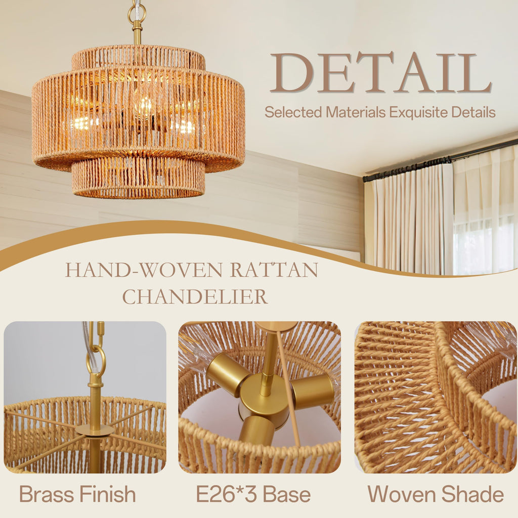 18" 3-Light Boho Gold Rattan Chandeliers
