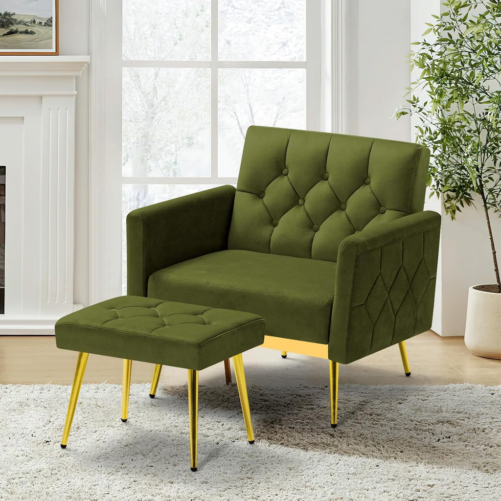 Velvet Accent Chair w/Adjustable Armrests and Backrests, Tufted Single Sofa with Ottoman, Upholstered Reading Chiar