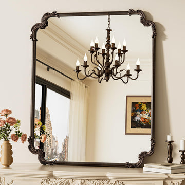 Antique Bronze Scalloped Mirror for Mantle Fireplace 30 x 36 Baroque Vintage Ornate Wall Mirror with Metal Frame for