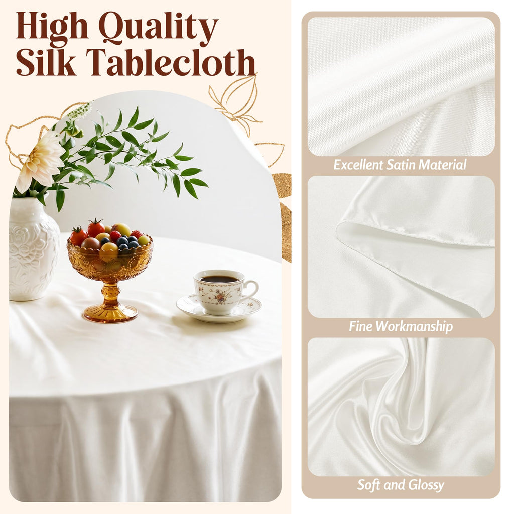 120 Inch Ivory Round Satin Tablecloth Overlay Seamless Table Cover