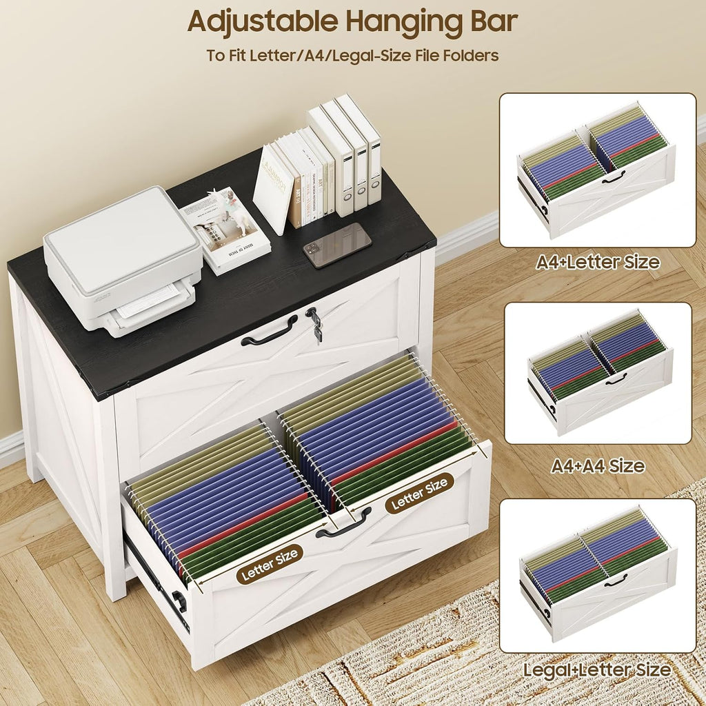 Farmhouse Lateral File Cabinet with 2 Drawers, White and Black | Lateral Filing Cabinet with Lock for Letter/A4/Legal