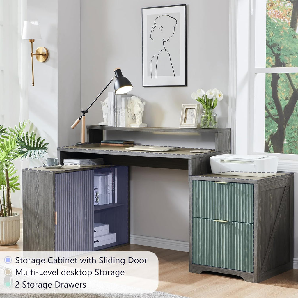 67" Modern L Shaped Desk with Storage Cabinet & Drawers, Wood Home Office Desk with Power Outlets