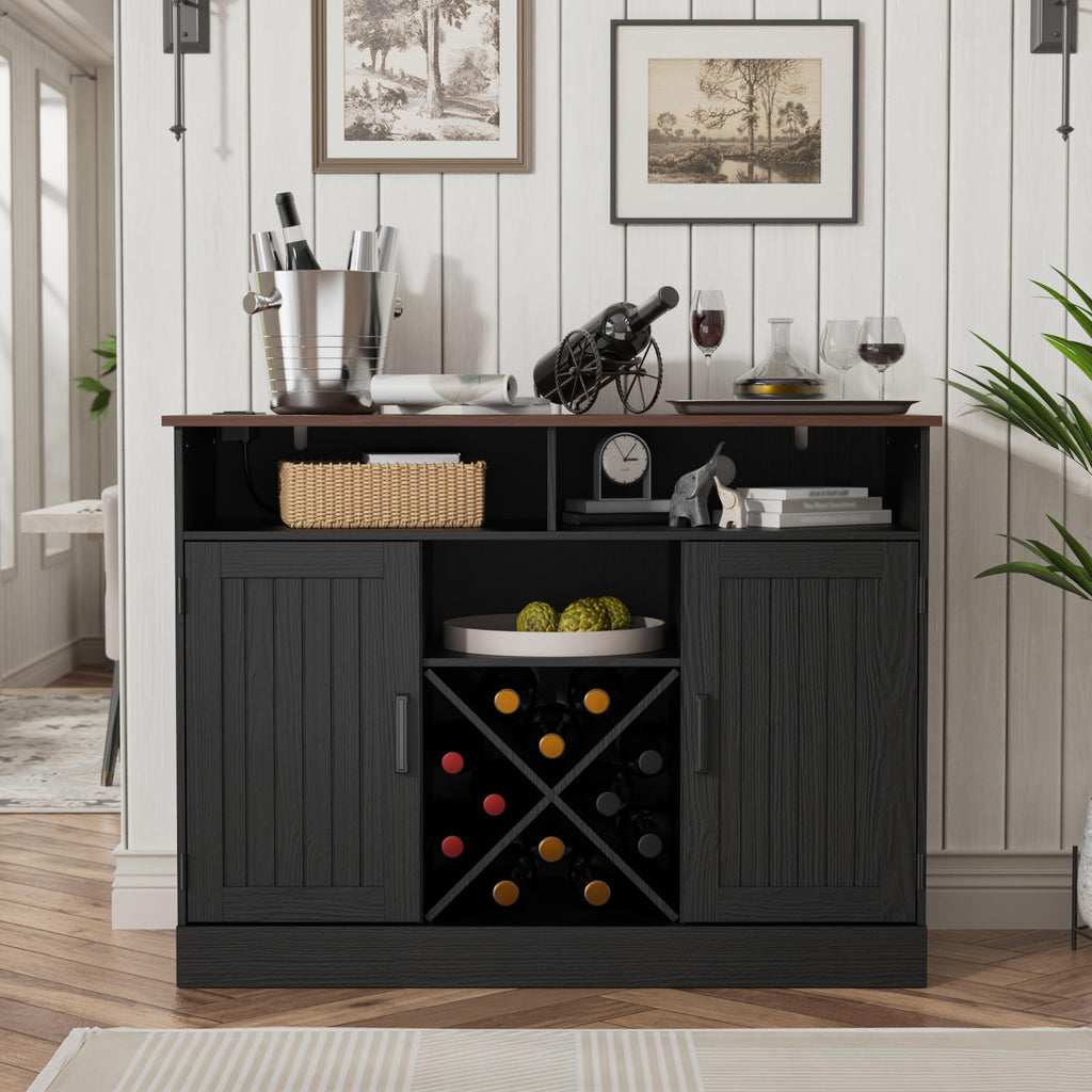 Farmhouse Coffee Bar Cabinet with Prower Outlets, Rustic Liquor Cabinet with Wine Rack, Wooden Wine Cabinet, Black