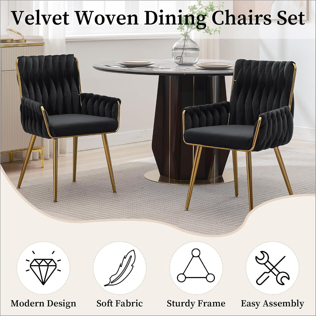 Home Office Desk Chair, Upholstered Hand Weaving Desk Chairs with Golden Metal Legs & Armrest, Modern Accent Chairs