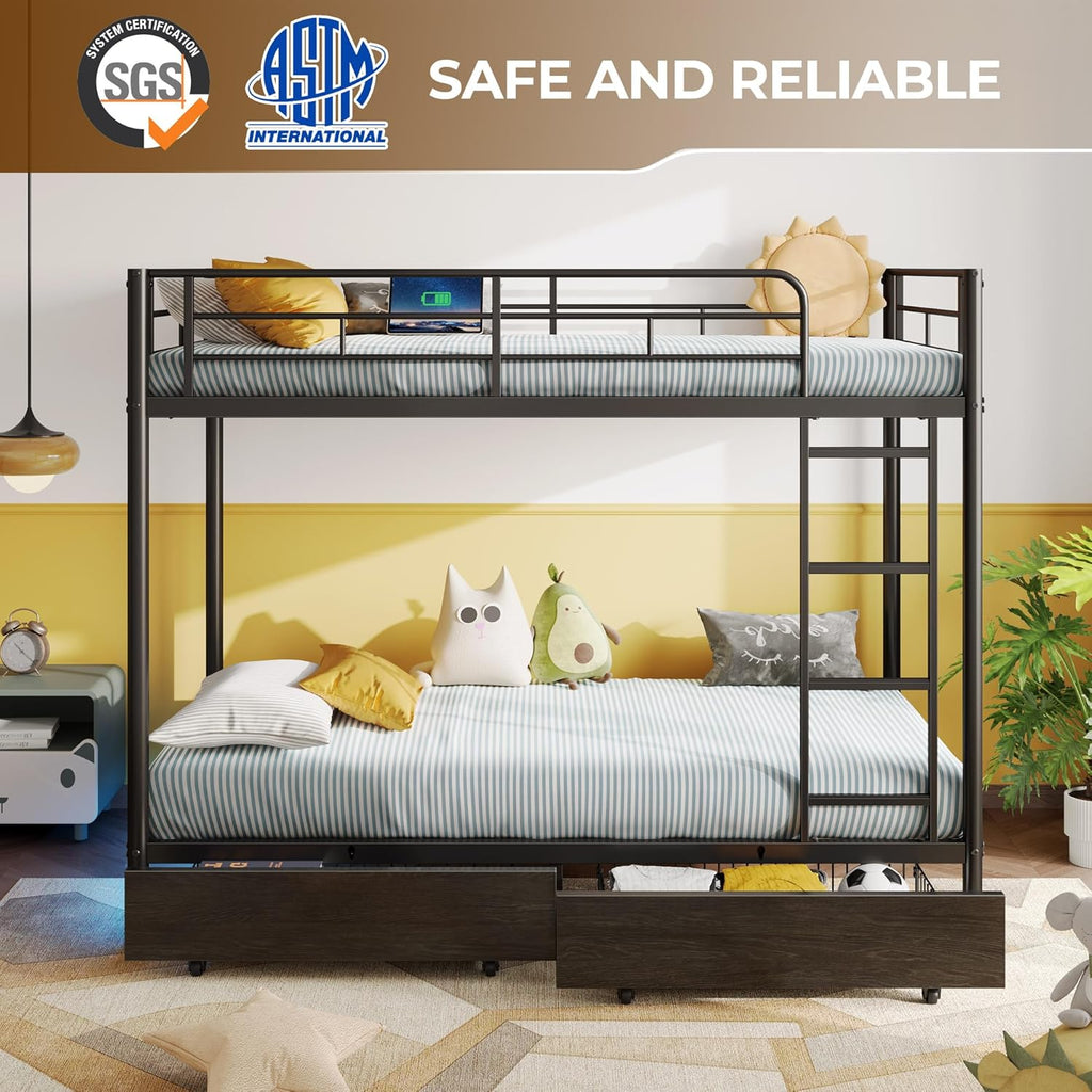 Metal Bunk Bed Twin Over Twin with USB Charging Station, LED Bunk Bed with 2 Storage Drawers