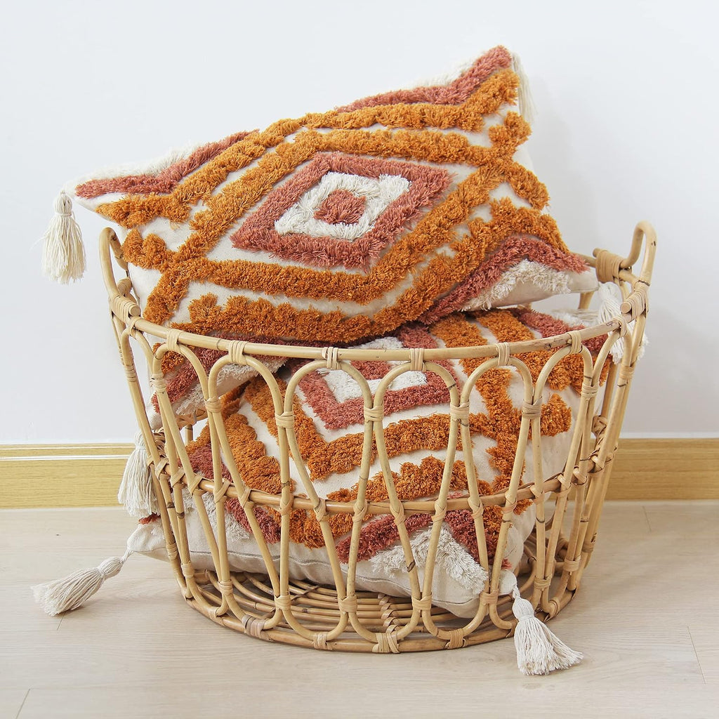 Boho Lumbar Throw Pillow Covers with Handmade Tassels Decorative Woven Tufted Orange Lumbar Pillowcase