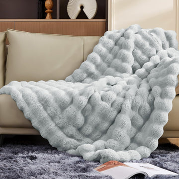Luxury 1000GSM Faux Rabbit Fur Throw Blanket, Super Heavy Warm Cozy Grey Blankets for Couch Bed Sofa, Ruched Plush