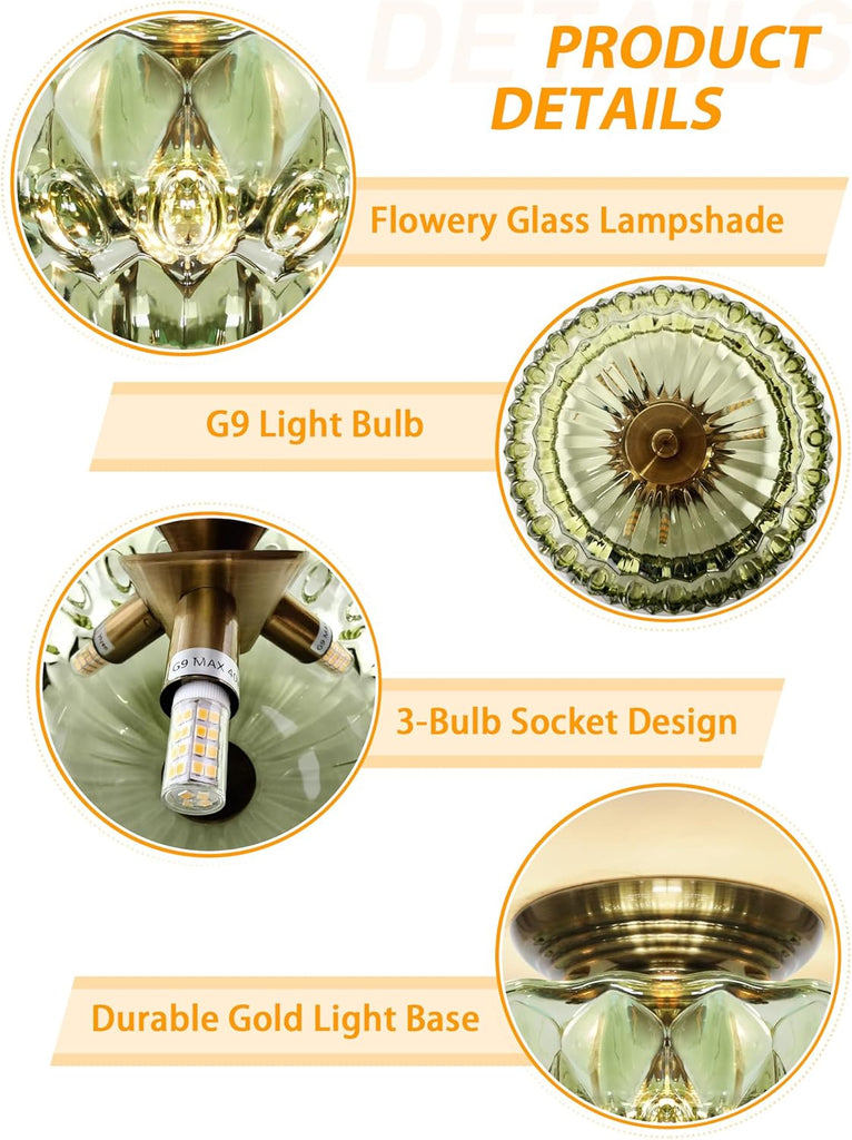 11" Semi-Flush Mount Ceiling Light,3-Bulb Green Glass Hallway Light Fixture | Indoor Lighting,Gold Close to Ceiling