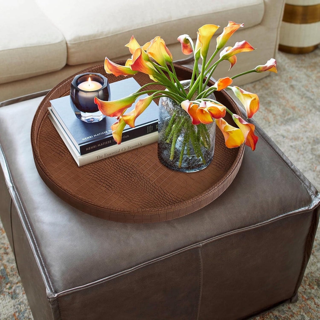 Round Serving Tray 20'', Elegant Faux Leather Circle Ottoman Table Tray, Serve Tea Coffee Breakfast Living Room