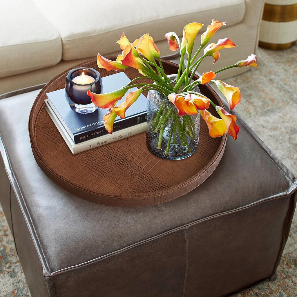 Round Serving Tray 20'', Elegant Faux Leather Circle Ottoman Table Tray, Serve Tea Coffee Breakfast Living Room