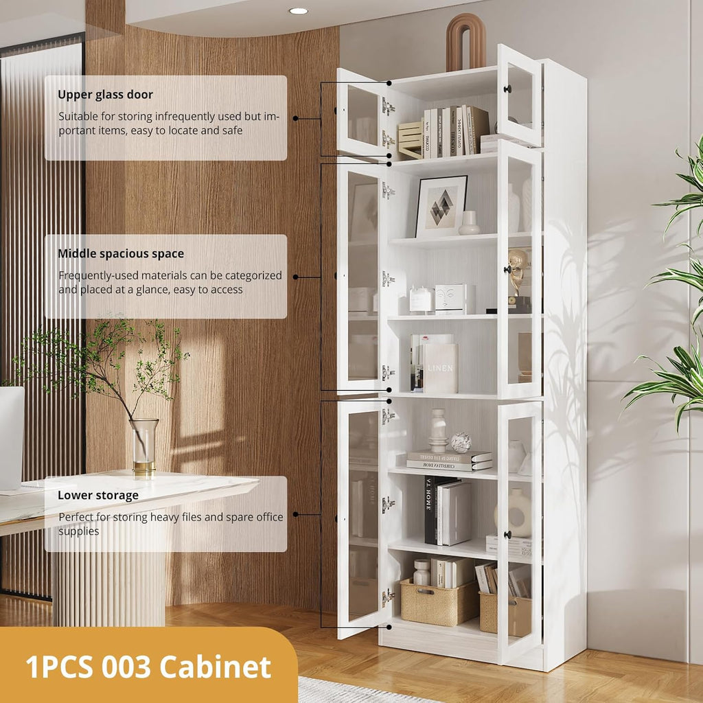 85.5" H Bookshelf Single Pack - Glass Door Design, 7 Tier Book Shelf, Curio Cabinets with Storage