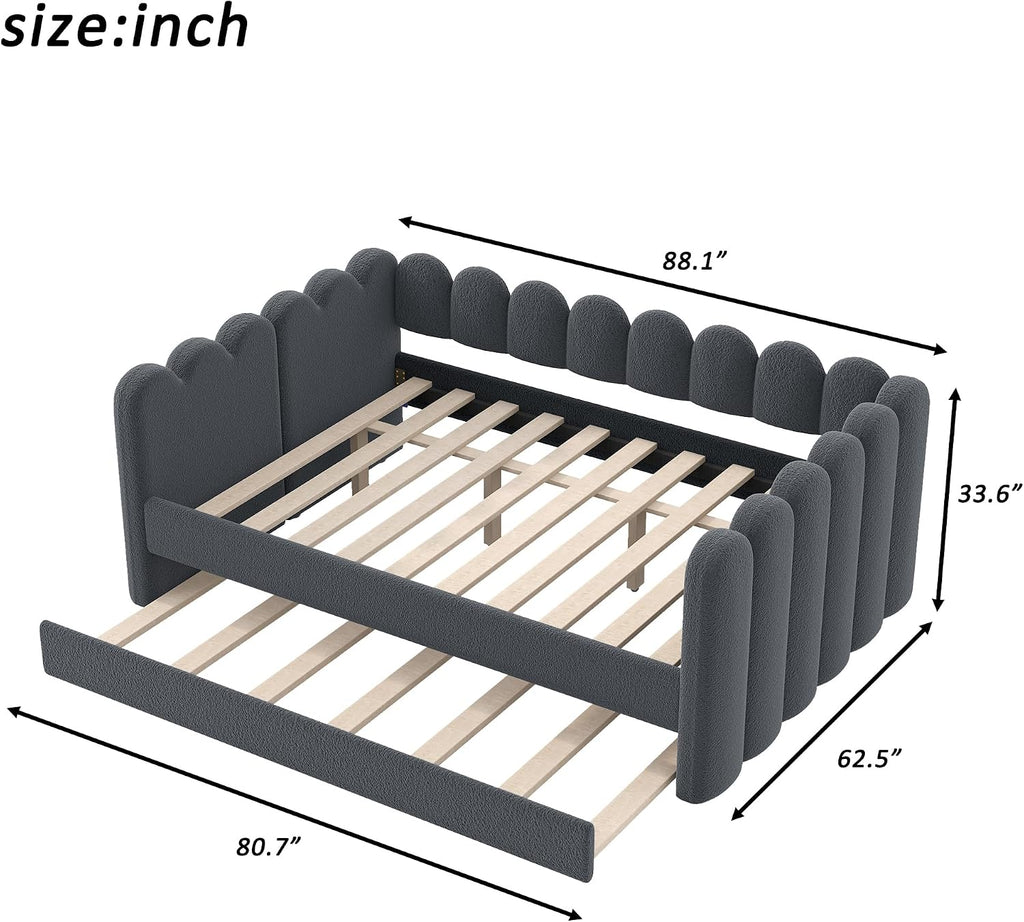 Queen Upholstered Daybed with Trundle, Upholstered Queen Daybed with Pull Out Trundle and Wood Slat Support, No Box