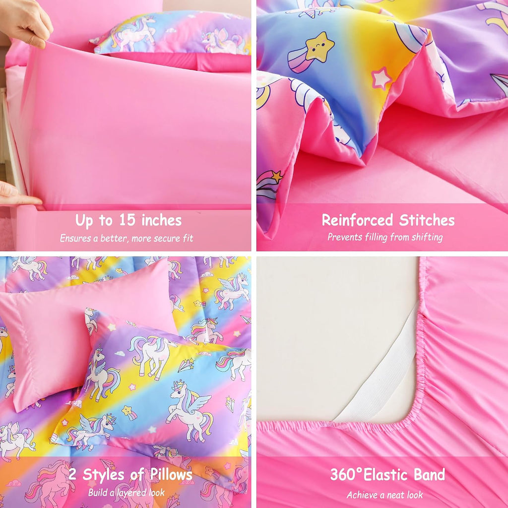 Kids' Rainbow Unicorn Twin Comforter Set, 5-Piece | Soft Fluffy Bed-in-a-Bag, Fitted Sheet, Flat Sheet, Pillowcase