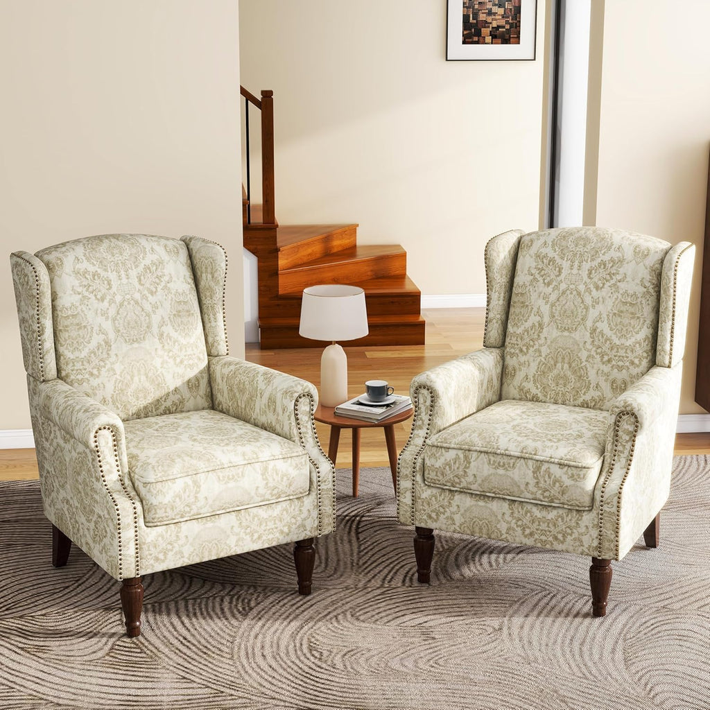 Floral Wingback Accent Chair, Fabric Upholstered High Back Armchair | Printed Reading Seat with Wooden Legs &