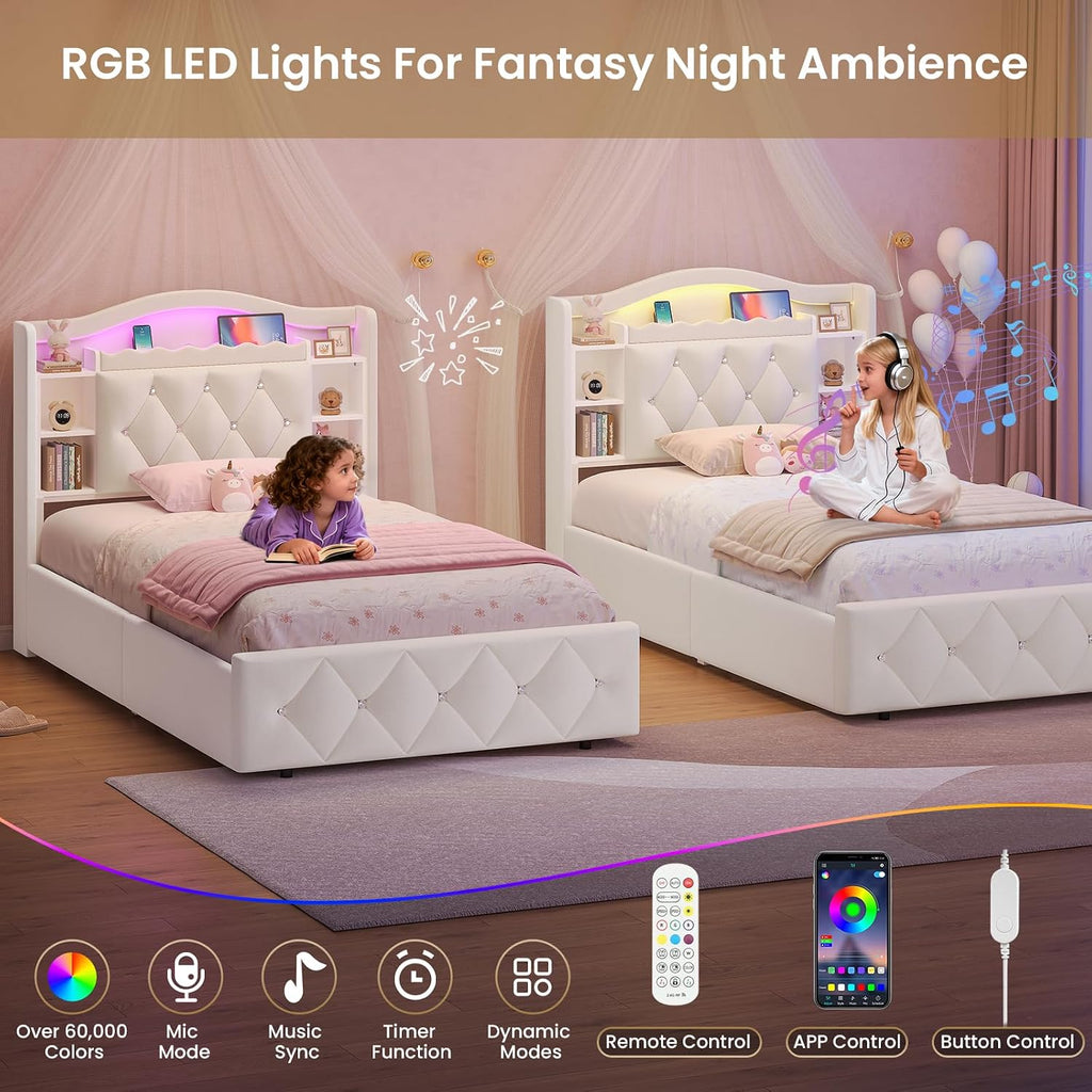 Twin Size Bed Frame for Kids with Storage Drawers, Bookcase Headboard, LED Lights and Power Outlets, Diamond Tufted