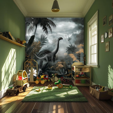 Dinosaur Peel and Stick Wallpaper Mural, Prehistoric Jungle Green | Seamless edge-to-edge match for easy DIY.